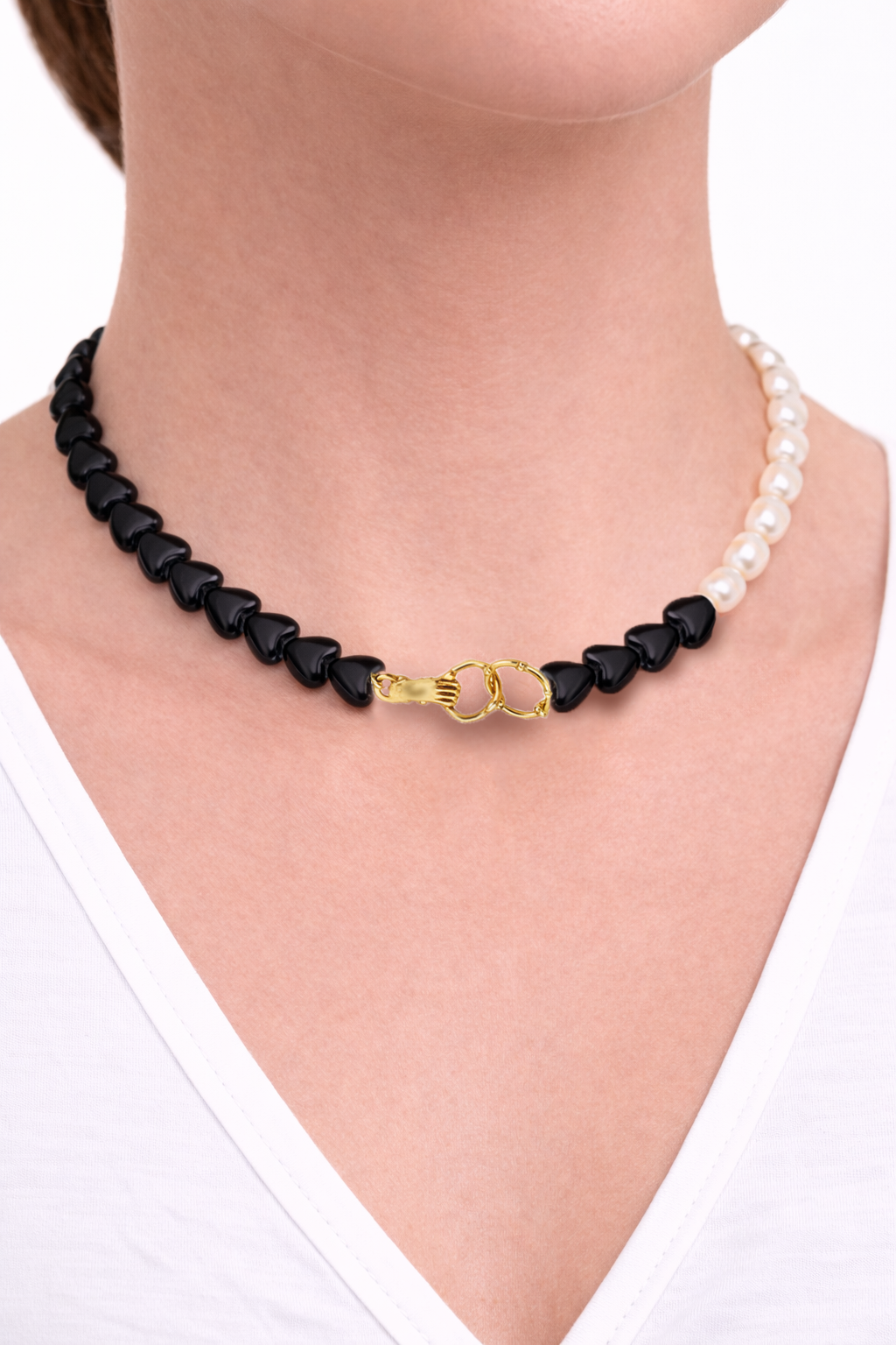 Collana con Perle Naturali e Cuori Neri 1 pezzo
